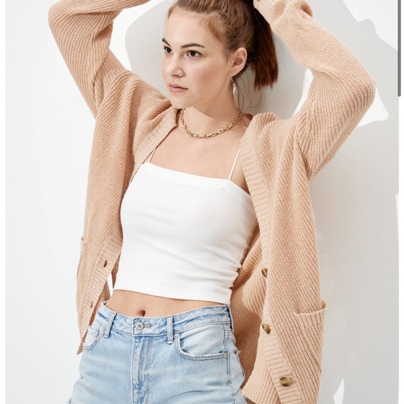 American Eagle Oversized Side Slit Button Up Cardigan - Tan - Picture 2 of 9